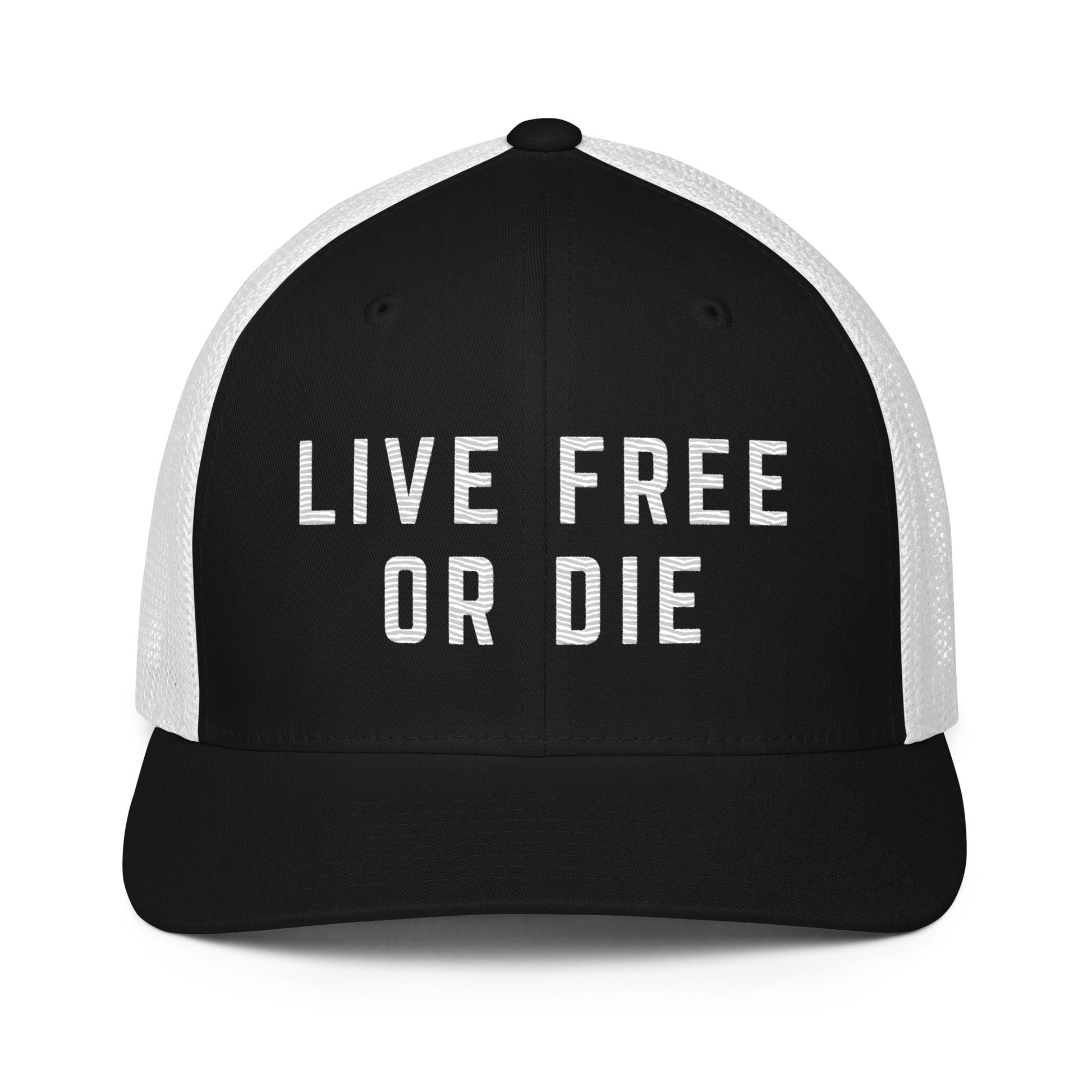 Embroidered "LIVE FREE OR DIE" | Closed-Back Trucker Cap | Flexfit 6511 Flexfit 6511 Gun Beaver Black/White