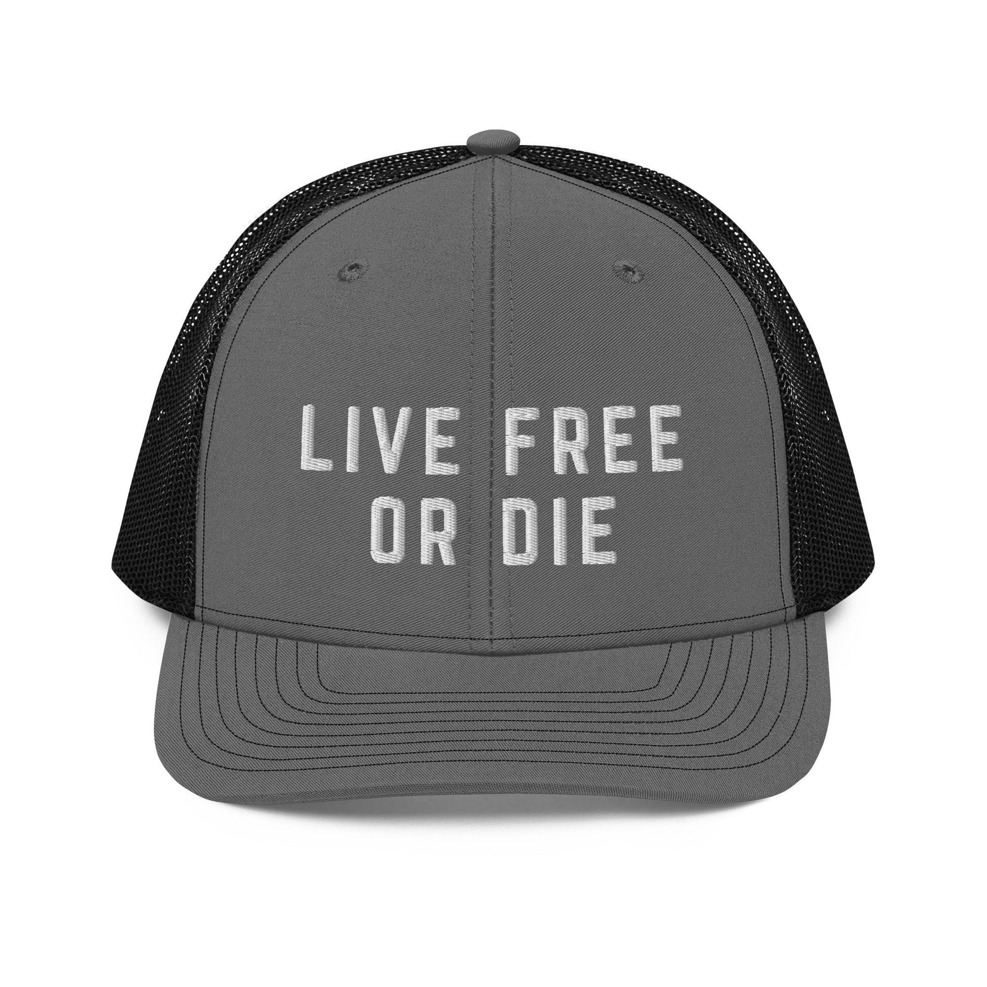 Embroidered "LIVE FREE OR DIE" | Snapback Trucker Cap | Richardson 112 Richardson 112 Gun Beaver Charcoal/Black