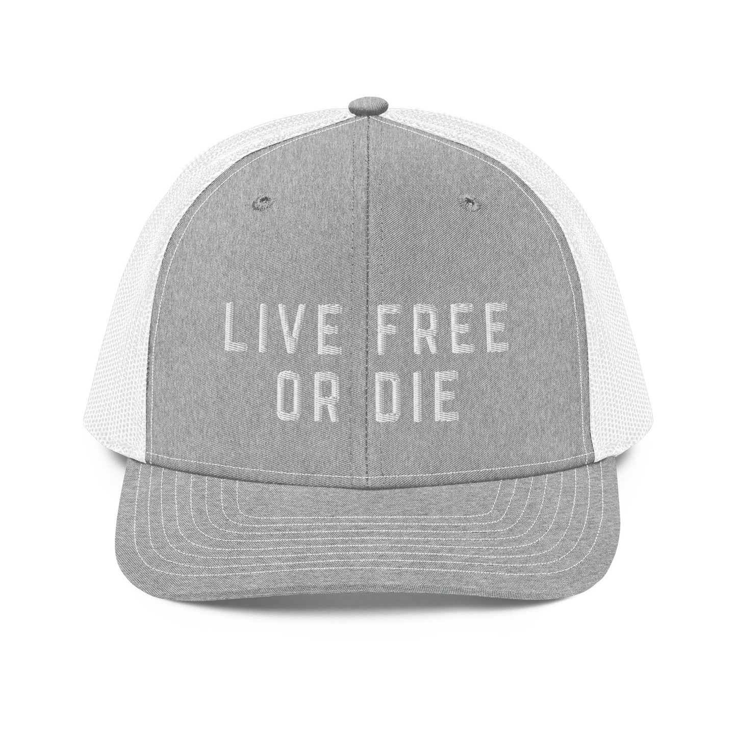 Embroidered "LIVE FREE OR DIE" | Snapback Trucker Cap | Richardson 112 Richardson 112 Gun Beaver Heather Grey/White