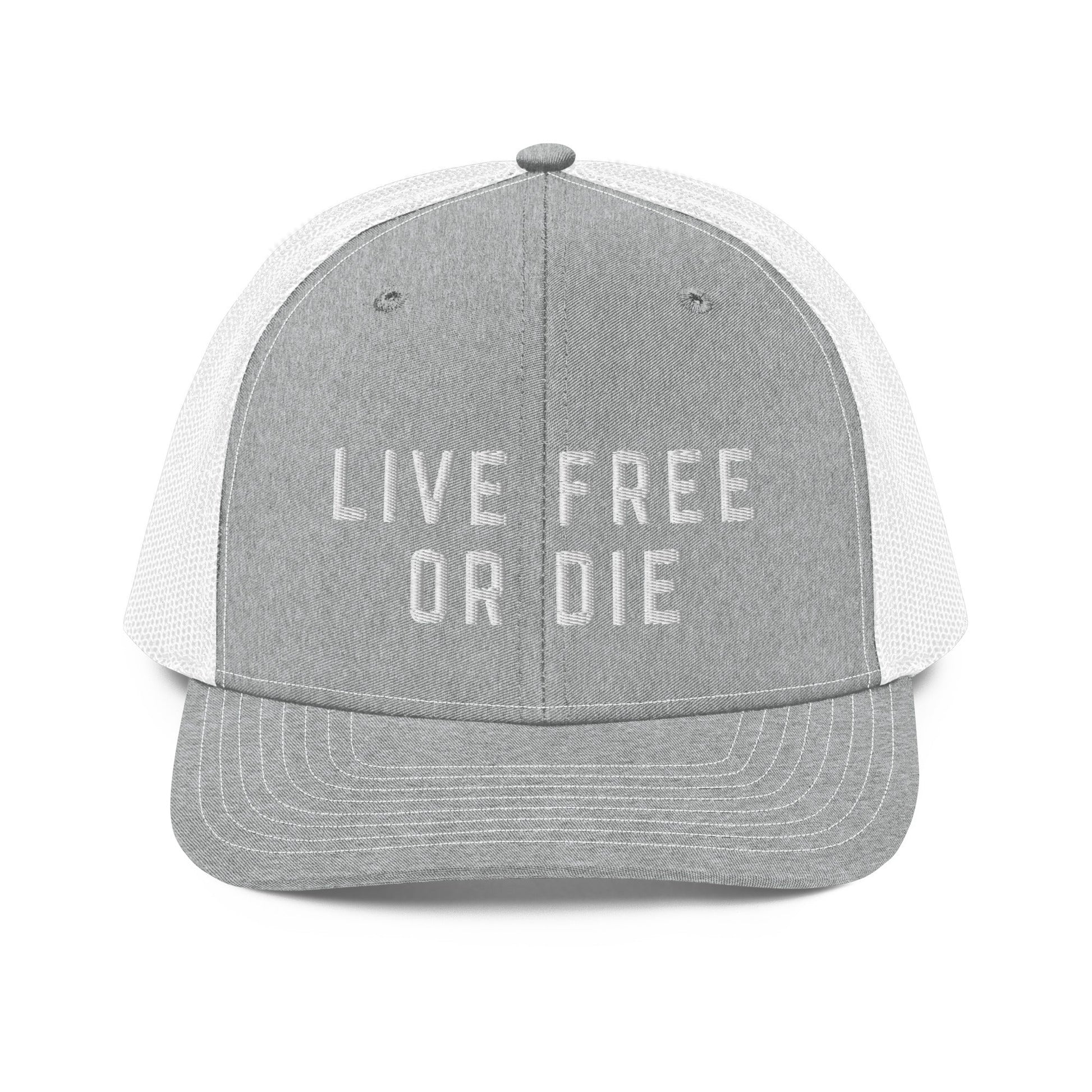 Embroidered "LIVE FREE OR DIE" | Snapback Trucker Cap | Richardson 112 Richardson 112 Gun Beaver Heather Grey/White