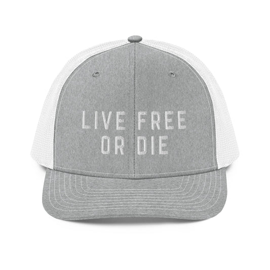 Embroidered "LIVE FREE OR DIE" | Snapback Trucker Cap | Richardson 112 Richardson 112 Gun Beaver Heather Grey/White