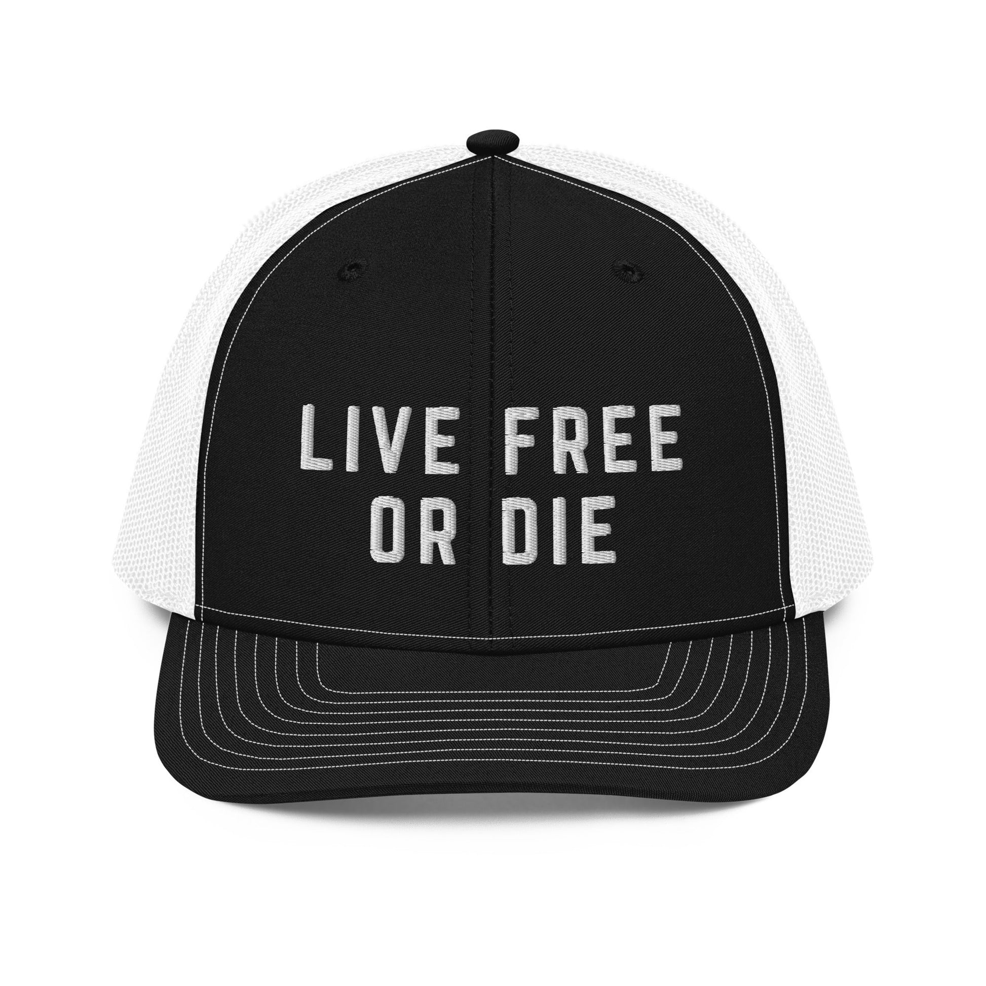 Embroidered "LIVE FREE OR DIE" | Snapback Trucker Cap | Richardson 112 Richardson 112 Gun Beaver Black / White