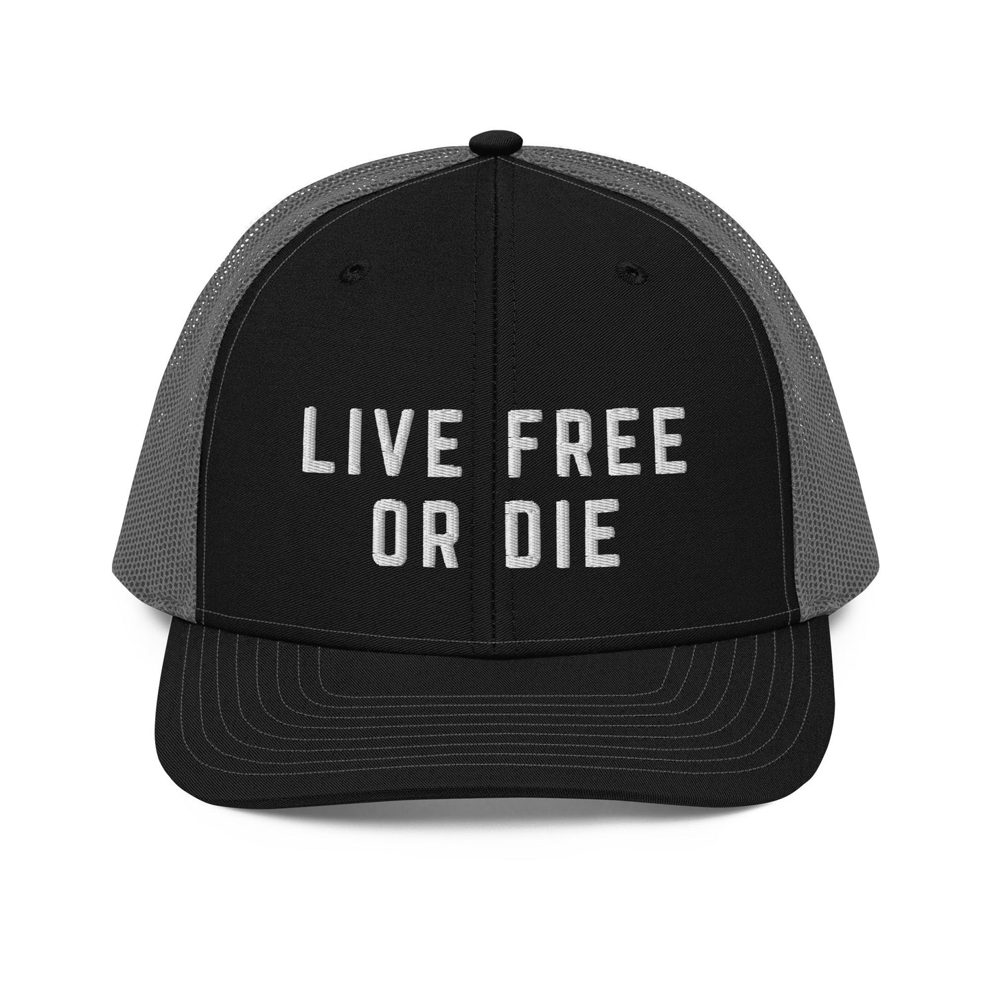 Embroidered "LIVE FREE OR DIE" | Snapback Trucker Cap | Richardson 112 Richardson 112 Gun Beaver Black / Charcoal