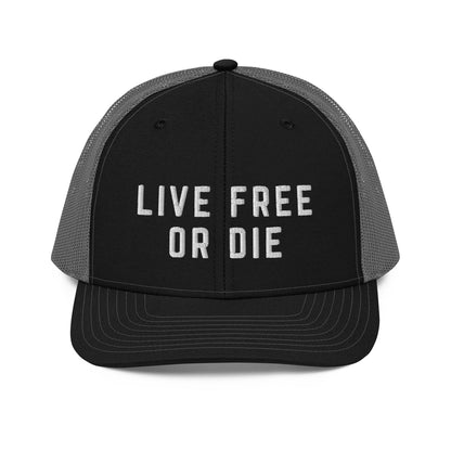 Embroidered "LIVE FREE OR DIE" | Snapback Trucker Cap | Richardson 112 Richardson 112 Gun Beaver Black / Charcoal