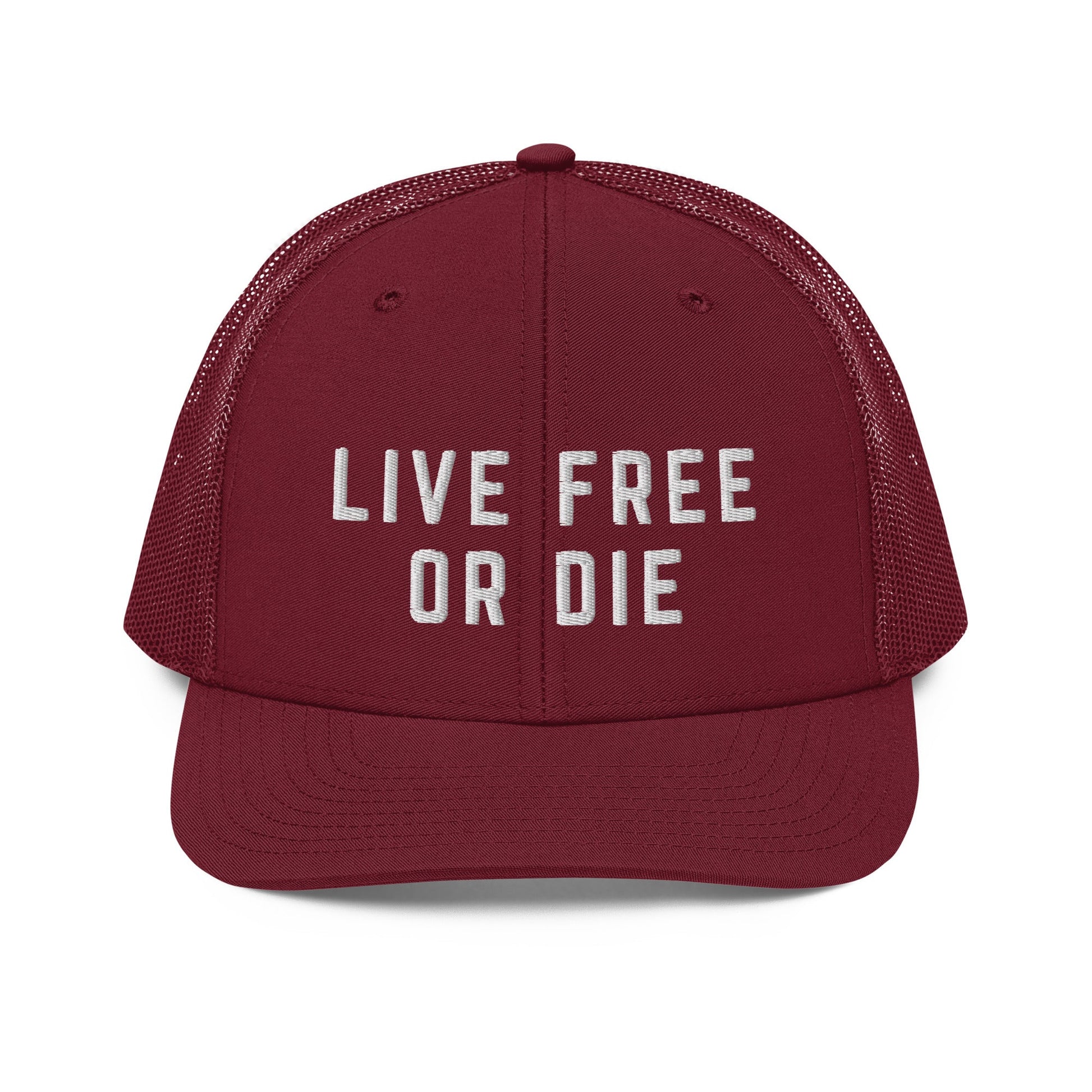 Embroidered "LIVE FREE OR DIE" | Snapback Trucker Cap | Richardson 112 Richardson 112 Gun Beaver Cardinal