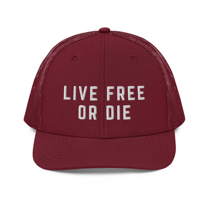 Embroidered "LIVE FREE OR DIE" | Snapback Trucker Cap | Richardson 112 Richardson 112 Gun Beaver Cardinal