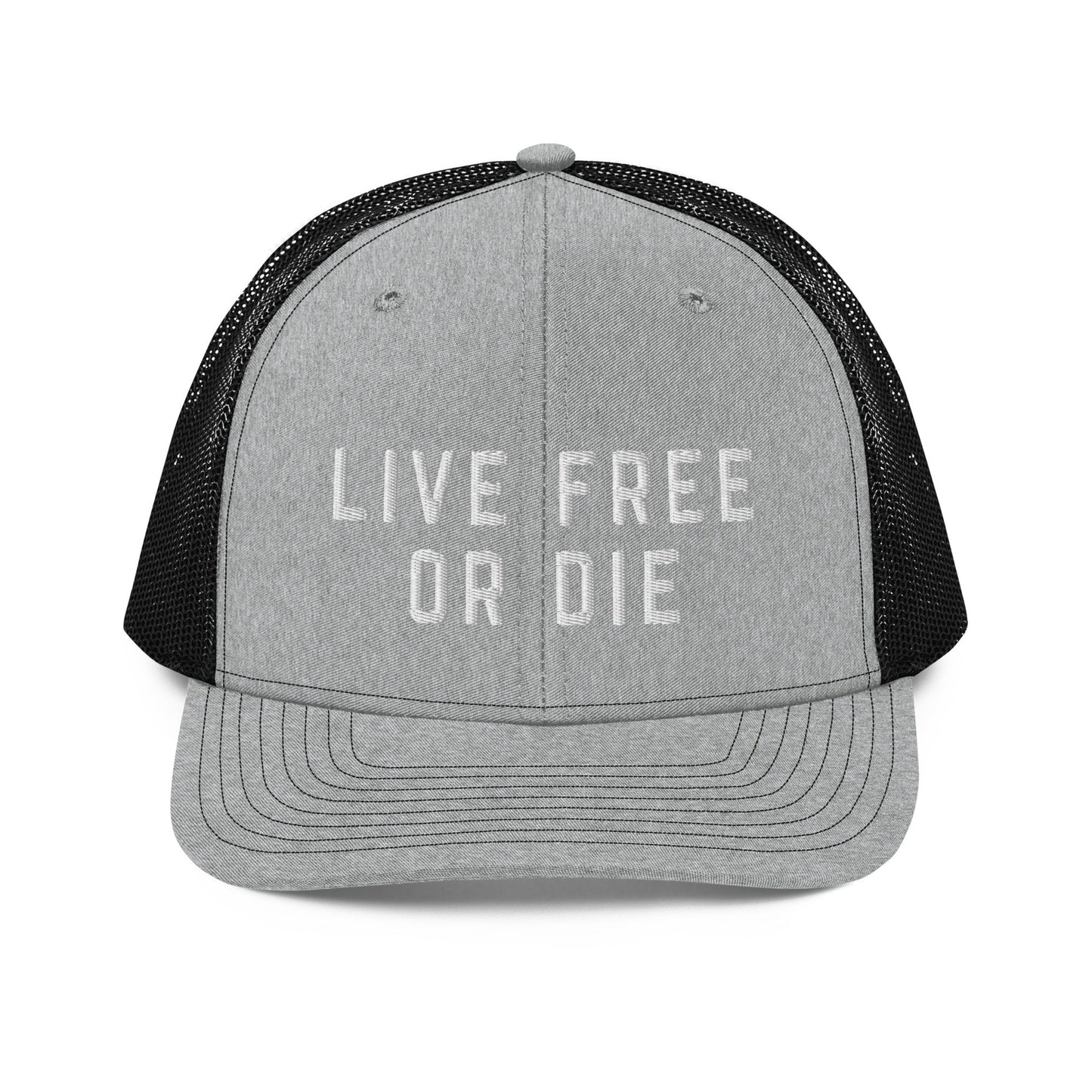 Embroidered "LIVE FREE OR DIE" | Snapback Trucker Cap | Richardson 112 Richardson 112 Gun Beaver Heather Grey / Black