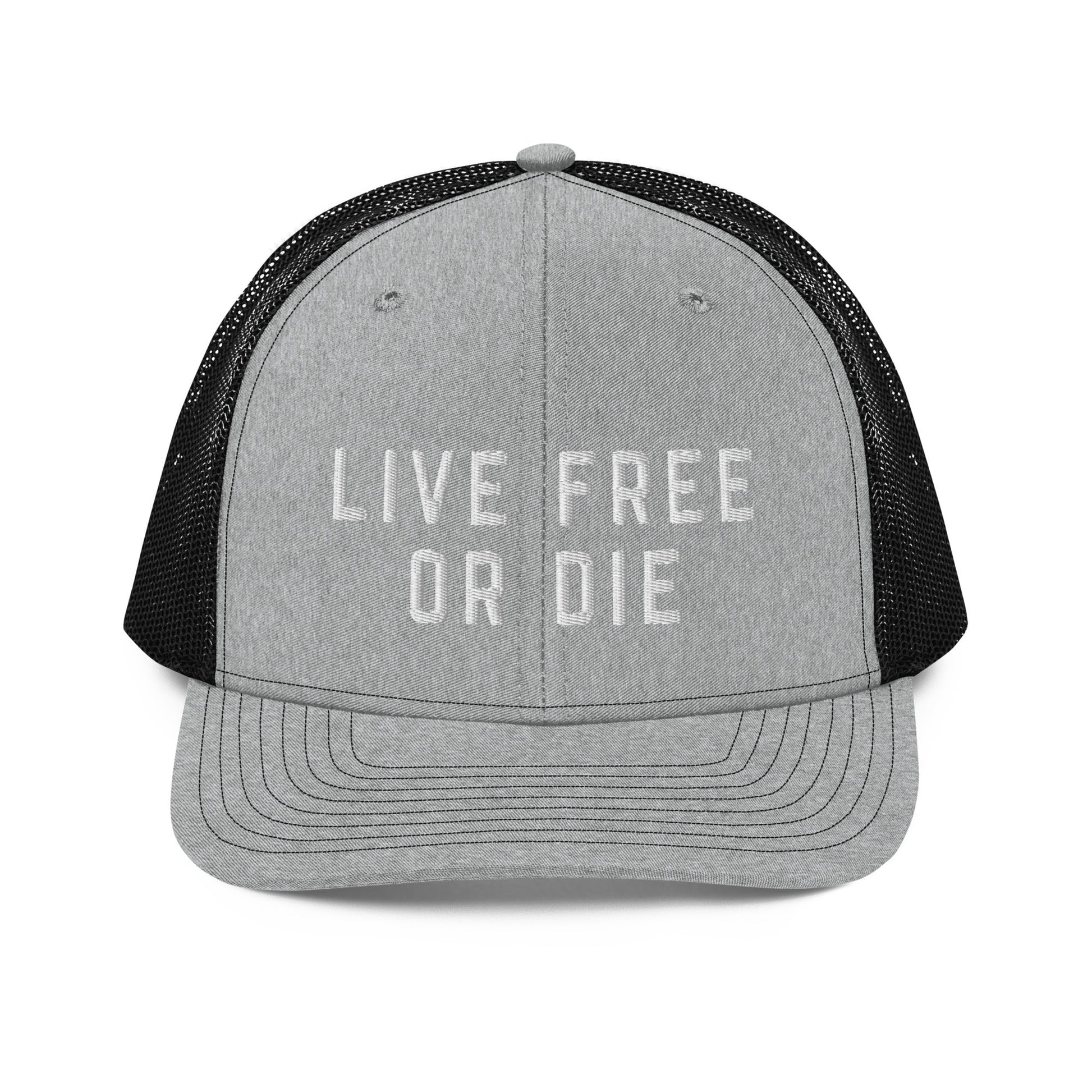 Embroidered "LIVE FREE OR DIE" | Snapback Trucker Cap | Richardson 112 Richardson 112 Gun Beaver Heather Grey / Black