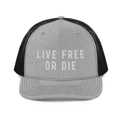 Embroidered "LIVE FREE OR DIE" | Snapback Trucker Cap | Richardson 112 Richardson 112 Gun Beaver Heather Grey / Black