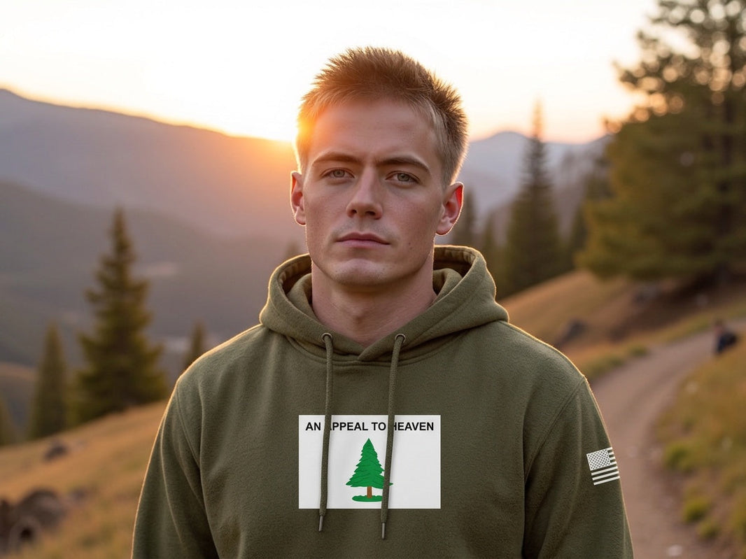 An Appeal to Heaven Flag hoodie in Military Green, worn by male model