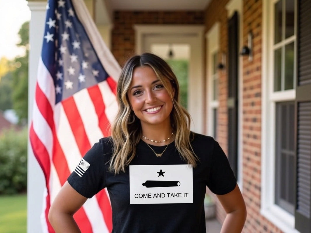 
Come and Take It Gonzales Flag t-shirt in Black, worn by female model