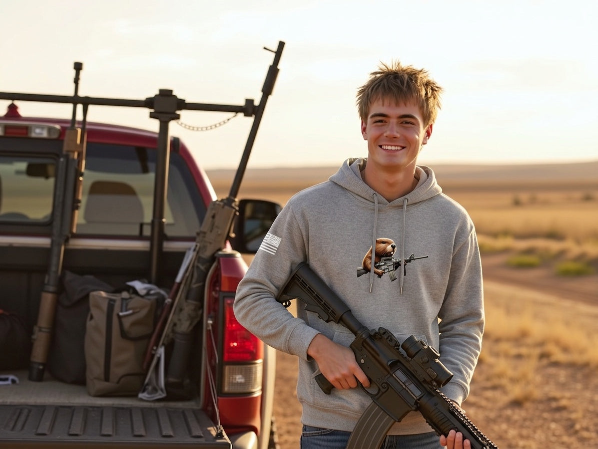 Gun Beaver Locked & Loaded hoodie in Carbon Grey, worn by male model