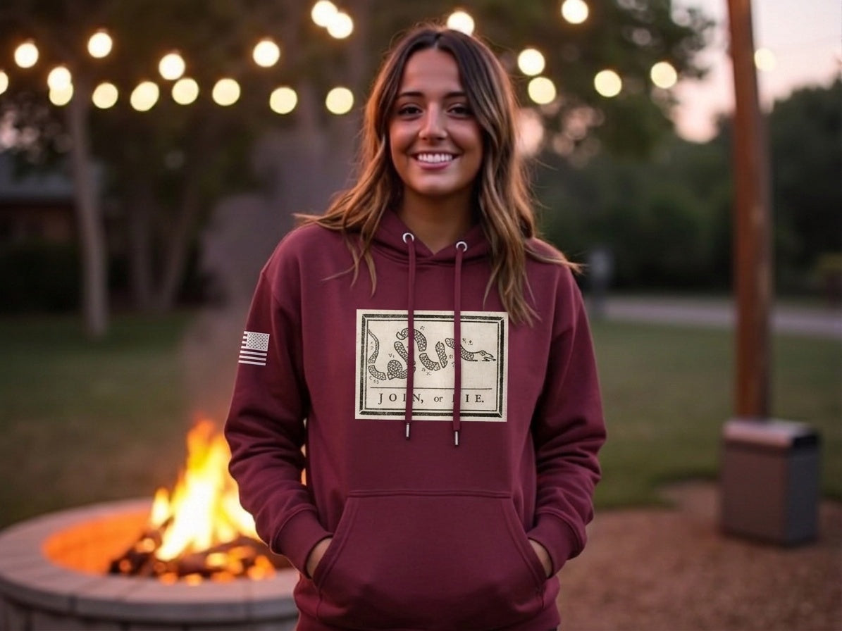 Join or Die Flag hoodie in Maroon, worn by female model
