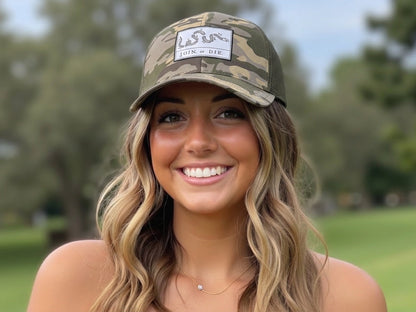 Join or Die Camouflage Trucker Cap - female model