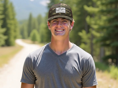 Join or Die Camouflage Trucker Cap - male model