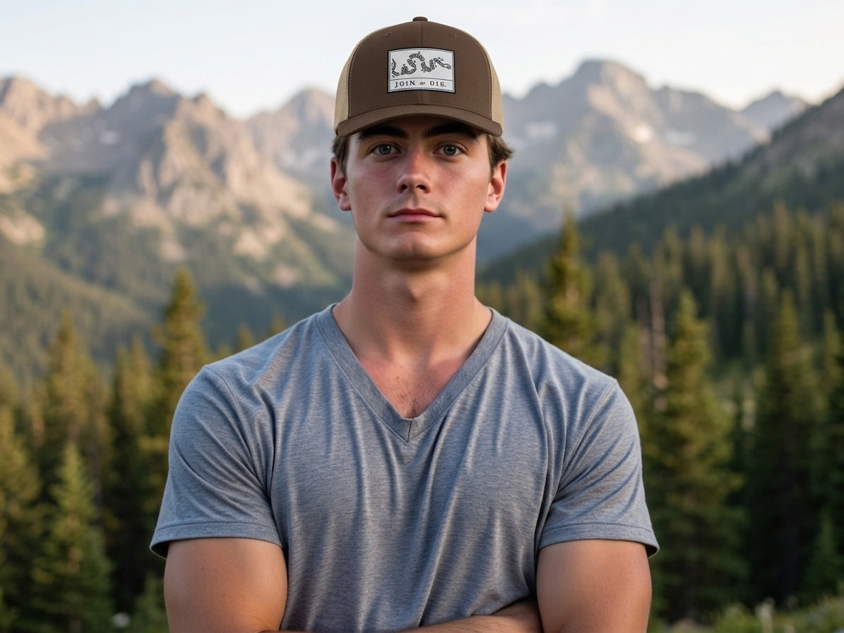 Join or Die Retro Trucker Cap - male model