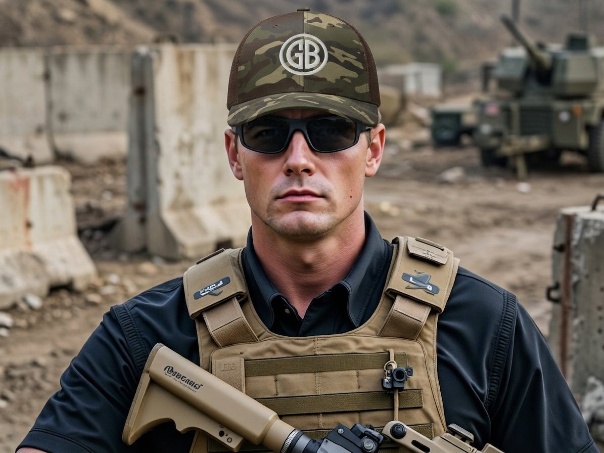Gun Beaver Logo camo trucker cap, worn by male model