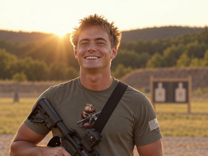 Gun Beaver Clutching Rifle Tee - male model