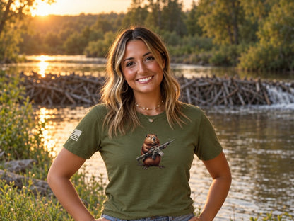 Gun Beaver Clutching Rifle Tee - female model