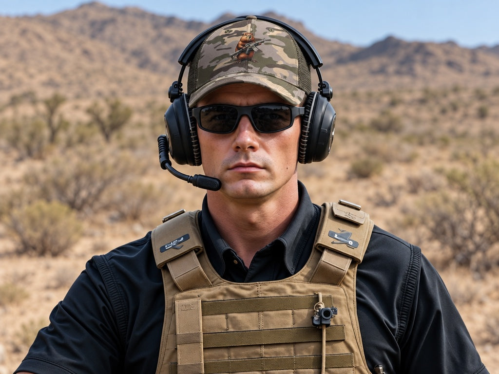 Gun Beaver Clutching Rifle camo trucker cap, worn by male model
