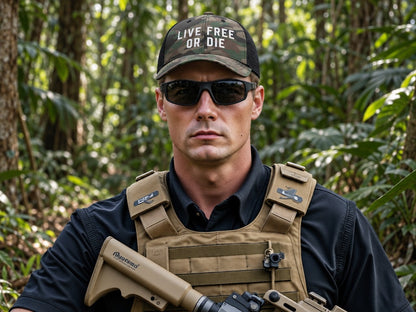 Live Free or Die Camouflage Trucker Cap - male model