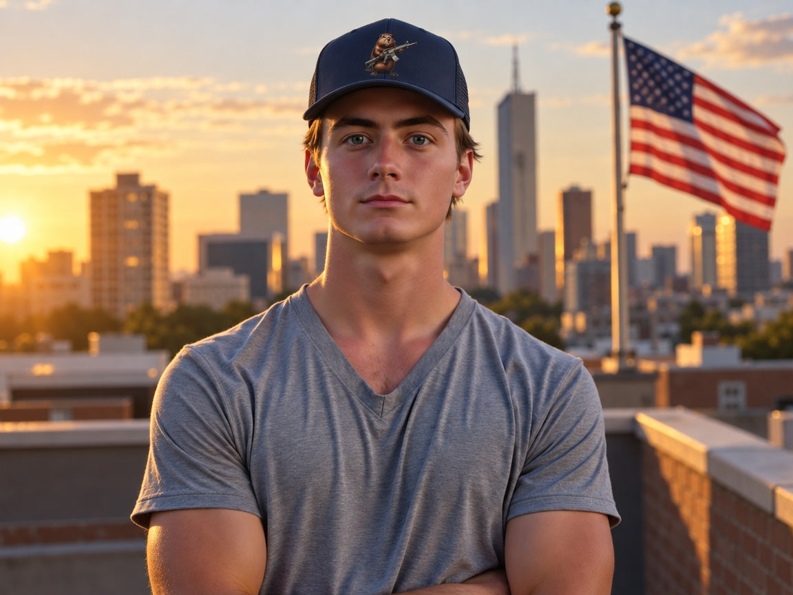 Gun Beaver Clutching Rifle Retro Trucker Cap - male model