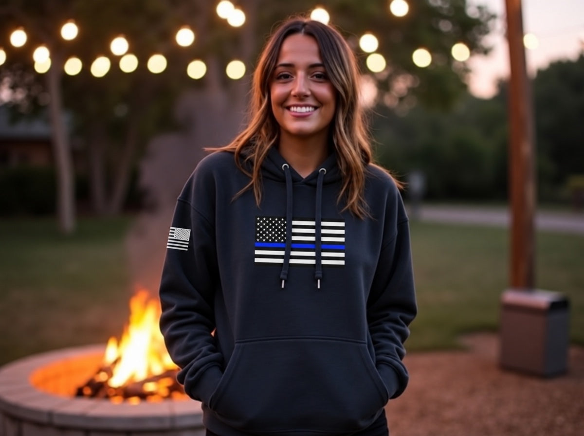 Thin Blue Line Flag hoodie in Navy Blazer, worn by female model