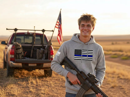 
Thin Blue Line Flag hoodie in Carbon Grey, worn by male model
