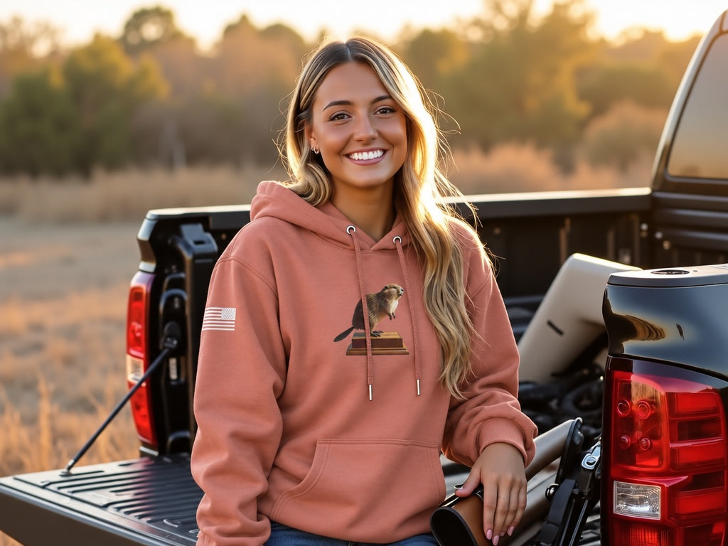 Stuffed Beaver Hoodie - female model