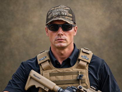 In God We Trust Camouflage Trucker Cap - male model
