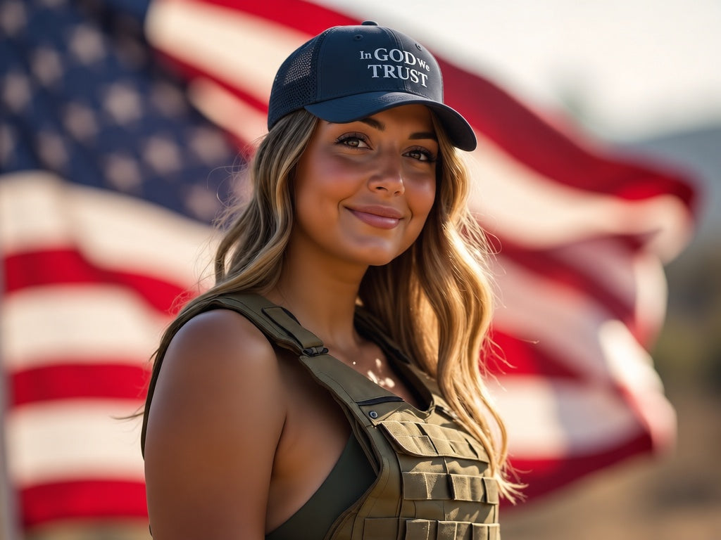 In God We Trust Flexfit 6511 Trucker Cap - female model