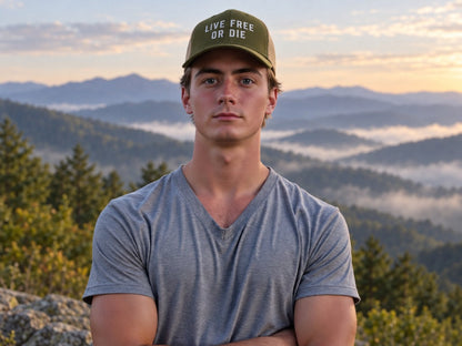 Live Free or Die Retro Trucker Cap - male model