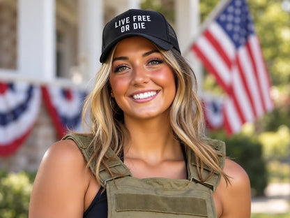 Live Free or Die Flexfit 6511 Trucker Cap - female model