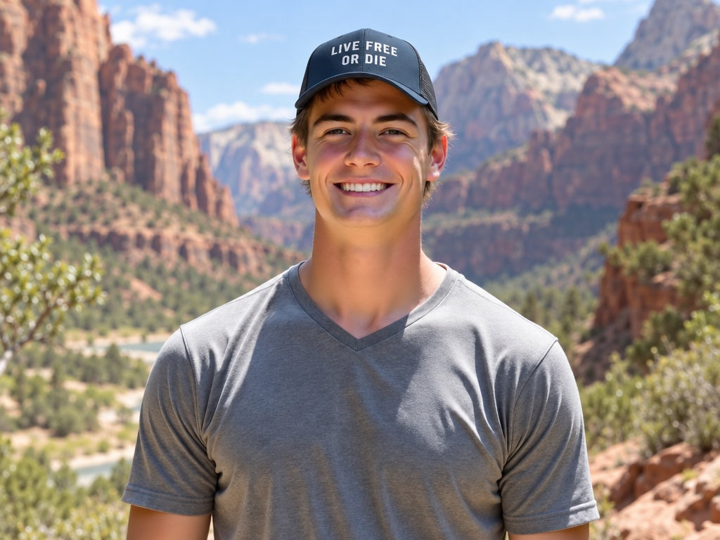 Live Free or Die Flexfit 6511 Trucker Cap - male model