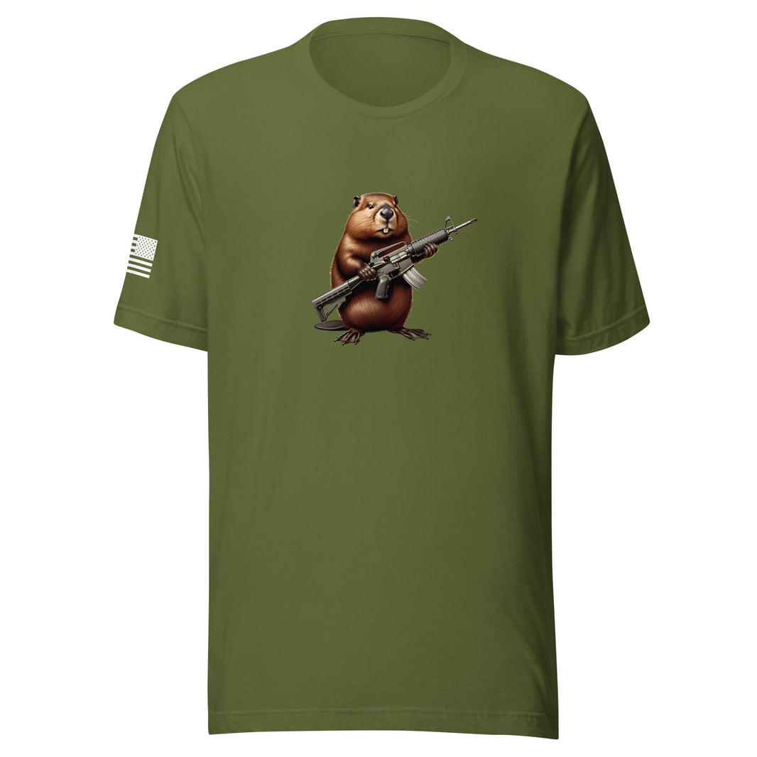 Gun Beaver Clutching Rifle t-shirt, Olive