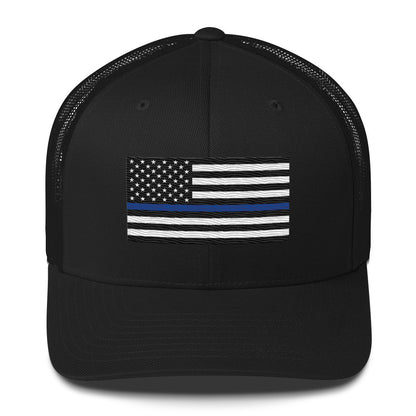 Embroidered Thin Blue Line Flag | Retro Trucker Cap Retro Trucker Cap Gun Beaver Black  