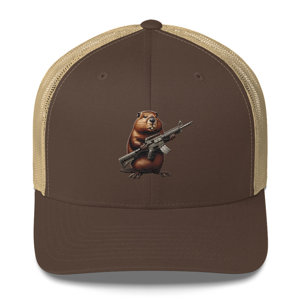 Embroidered Gun Beaver Clutching Rifle | Retro Trucker Cap Retro Trucker Cap Gun Beaver Brown/ Khaki  