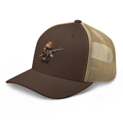 Embroidered Gun Beaver Clutching Rifle | Retro Trucker Cap Retro Trucker Cap Gun Beaver   