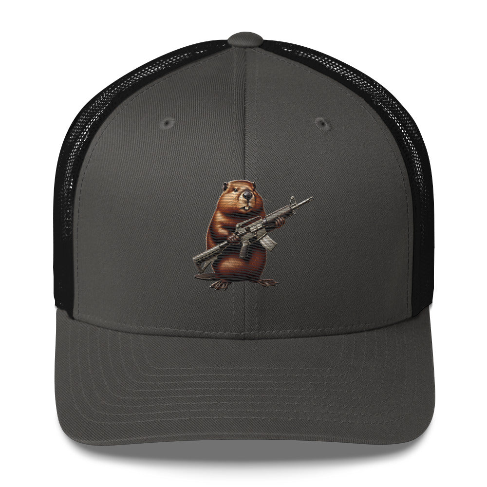 Embroidered Gun Beaver Clutching Rifle | Retro Trucker Cap Retro Trucker Cap Gun Beaver Charcoal/ Black  