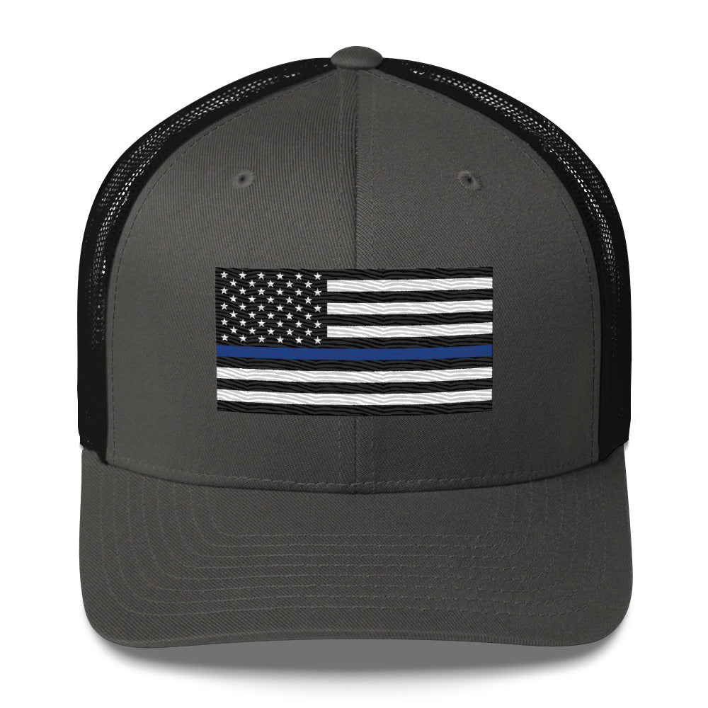 Embroidered Thin Blue Line Flag | Retro Trucker Cap Retro Trucker Cap Gun Beaver Charcoal/ Black  