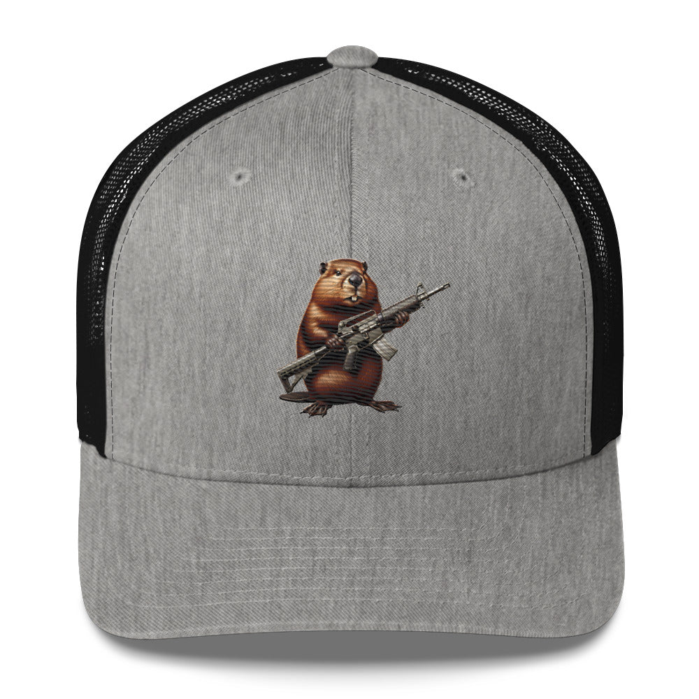 Embroidered Gun Beaver Clutching Rifle | Retro Trucker Cap Retro Trucker Cap Gun Beaver Heather/ Black  