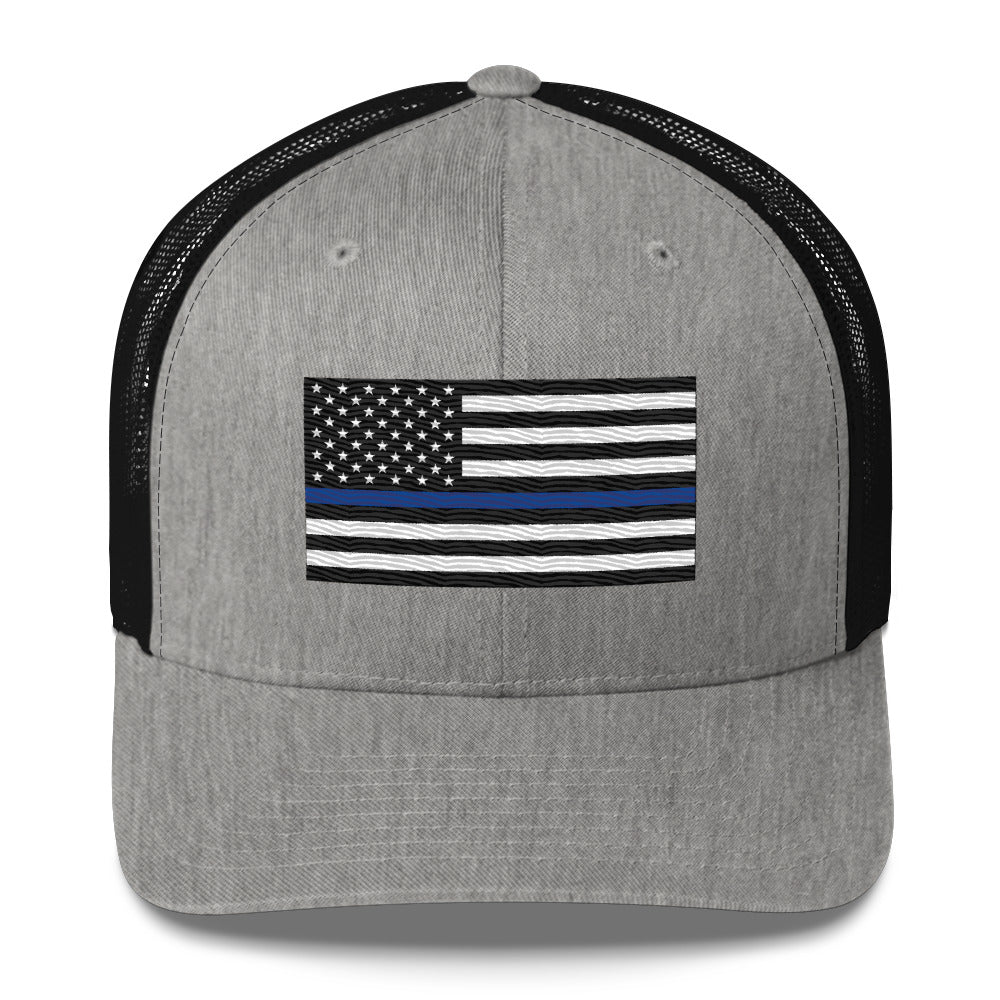 Embroidered Thin Blue Line Flag | Retro Trucker Cap Retro Trucker Cap Gun Beaver Heather/ Black  