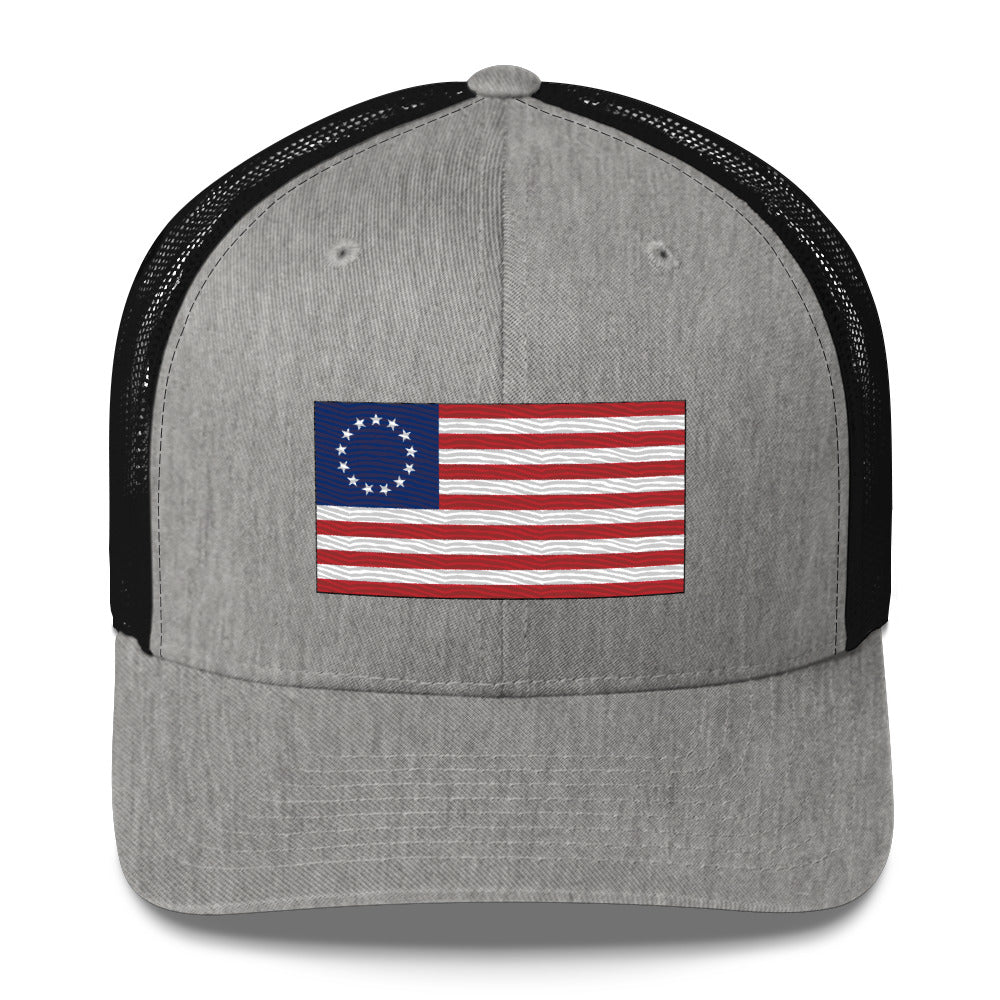 Embroidered Betsy Ross Flag | Retro Trucker Cap Retro Trucker Cap Gun Beaver Heather/ Black  