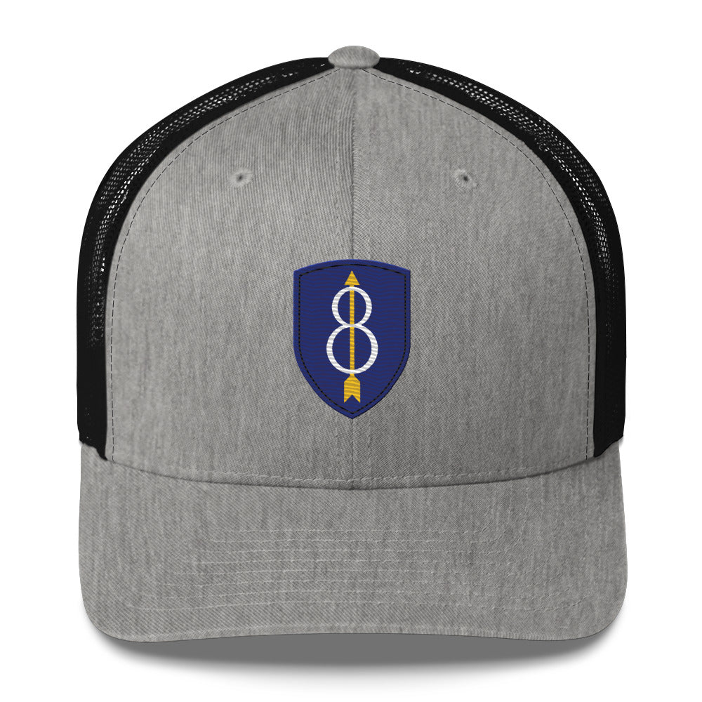 Embroidered 8th Infantry Division Insignia ("Pathfinder") | Retro Trucker Cap Retro Trucker Cap Gun Beaver Heather/ Black  