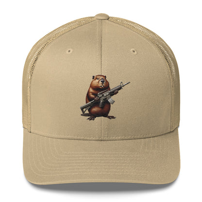 Embroidered Gun Beaver Clutching Rifle | Retro Trucker Cap Retro Trucker Cap Gun Beaver Khaki  