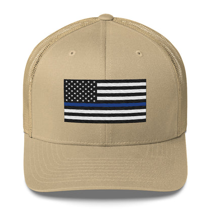 Embroidered Thin Blue Line Flag | Retro Trucker Cap Retro Trucker Cap Gun Beaver Khaki  