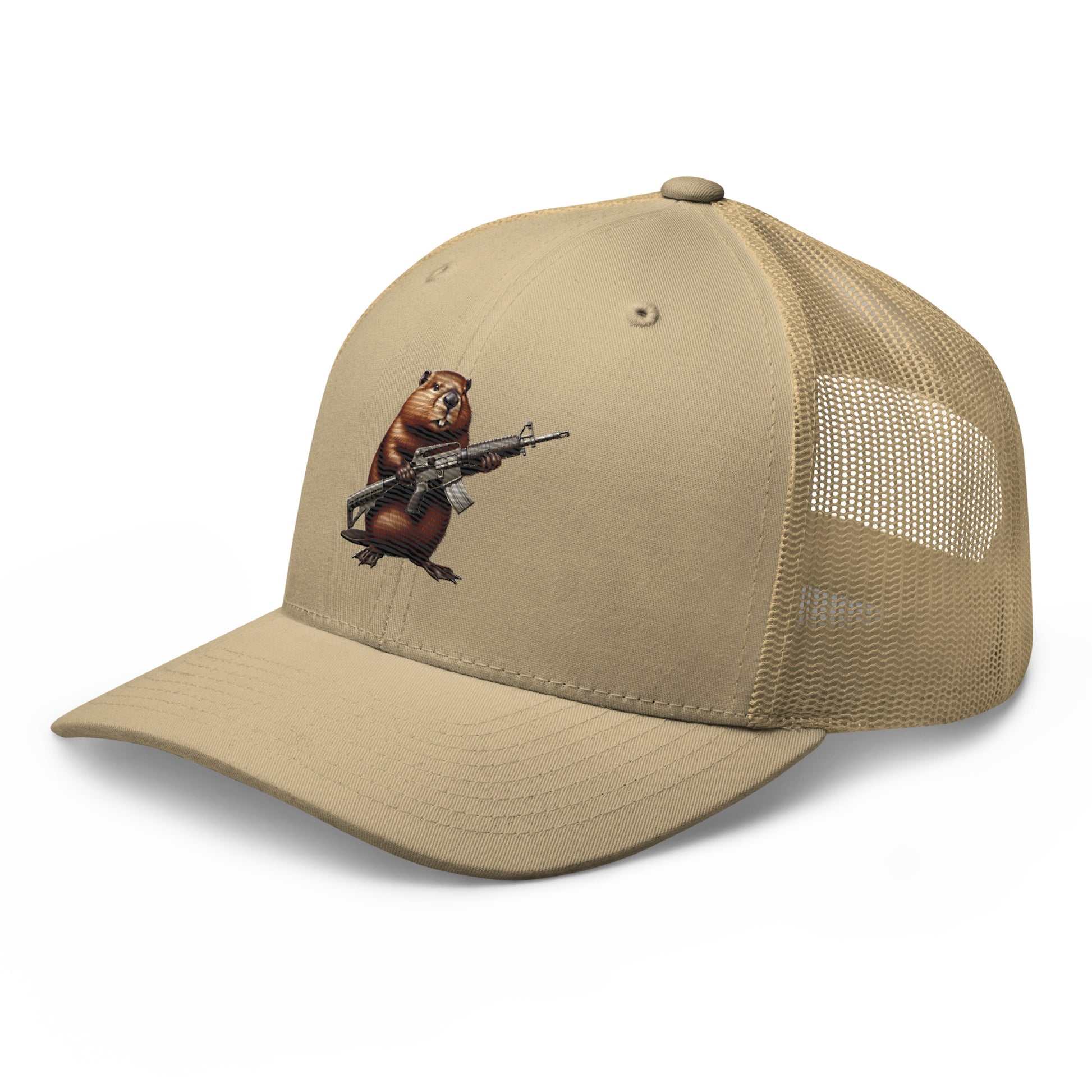 Embroidered Gun Beaver Clutching Rifle | Retro Trucker Cap Retro Trucker Cap Gun Beaver   