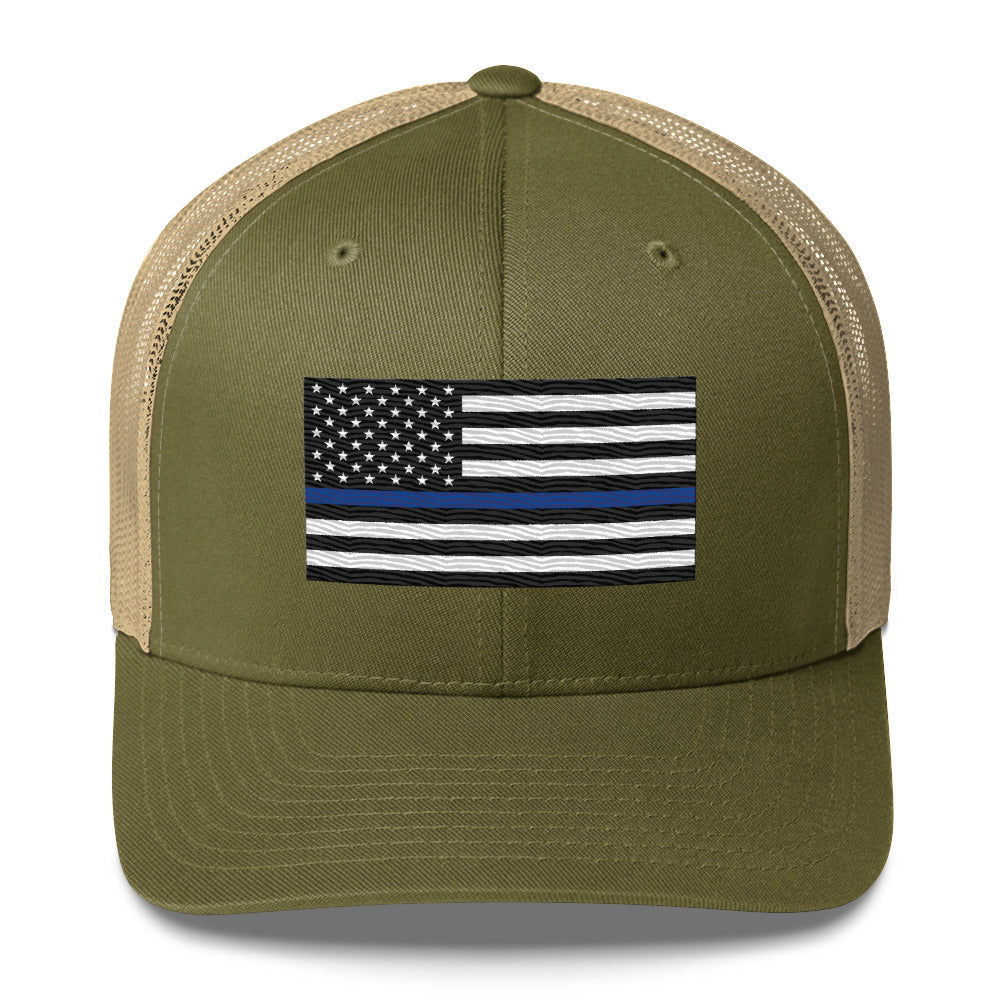 Embroidered Thin Blue Line Flag | Retro Trucker Cap Retro Trucker Cap Gun Beaver Moss/ Khaki  