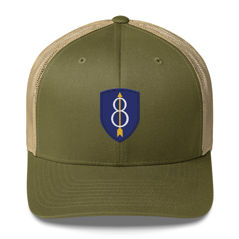 Embroidered 8th Infantry Division Insignia ("Pathfinder") | Retro Trucker Cap Retro Trucker Cap Gun Beaver Moss/ Khaki  