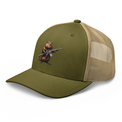 Embroidered Gun Beaver Clutching Rifle | Retro Trucker Cap Retro Trucker Cap Gun Beaver   